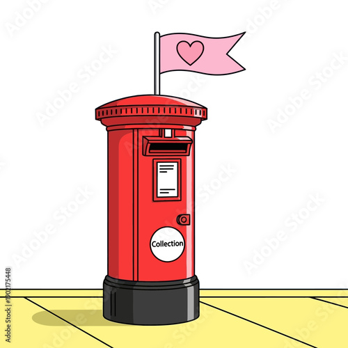 A vibrant red British pillar post box with a pink flag featuring a heart symbol on top, standing on a yellow ground.
