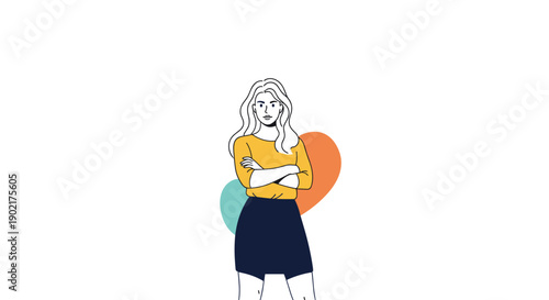 Professional woman with blonde hair standing confidently with arms crossed against a backdrop of simple colored circles.