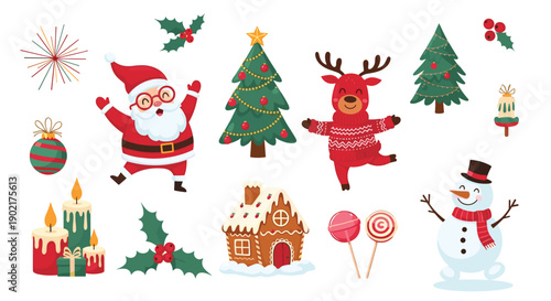 Christmas holiday element set featuring Santa Claus, a reindeer, a snowman, a gingerbread house, and festive decorations.