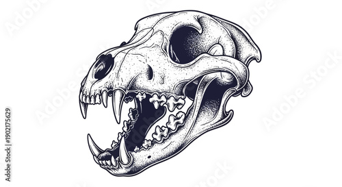 A highly detailed, realistic illustration of a fierce animal skull with its mouth open, showcasing sharp teeth and intricate bone structure.
