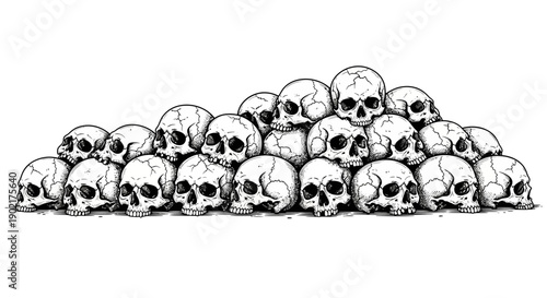 A large pile of human skulls, rendered in a detailed black and white illustration style, creating a macabre and unsettling visual.