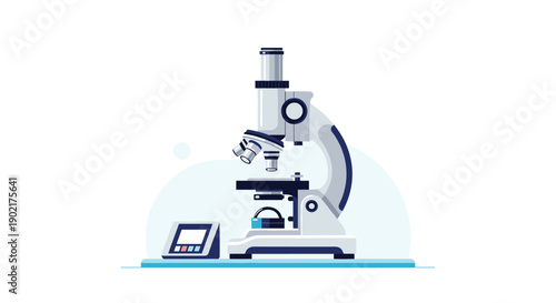 Modern scientific laboratory microscope illustration with a digital control panel, set against a clean white background.