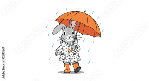 Cute rabbit character wearing a polka dot raincoat and orange boots, holding an umbrella while walking in the gentle rain.