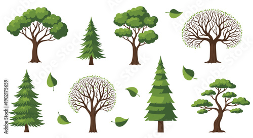 Collection of detailed green trees and individual falling leaves in various shapes and sizes for nature-themed graphic design.