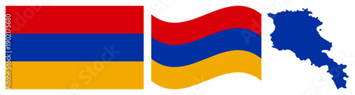 Armenia Flag and Map Set. Official Red Blue and Orange Horizontal Tricolor National Emblem Featuring Flat Design, Waving Flag Effect, and Country Geographic Map Silhouette on White Background