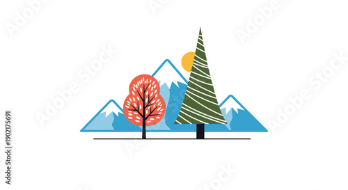 Minimalist winter landscape with blue snowy mountains, a small orange tree, and a tall stylized pine tree at sunset.