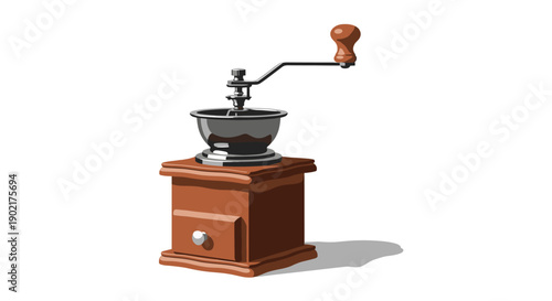 Detailed illustration of a traditional manual coffee grinder with a wooden box base and a shiny metal crank handle.
