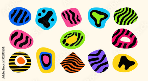A vibrant collection of abstract, organic shapes with bold, contrasting patterns and colors.
