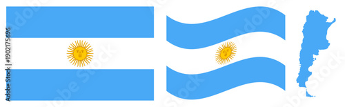 Argentina Flag and Map Set. Official Sky Blue and White National Emblem with Sun of May Featuring Flat Design, Waving Ribbon Effect, and Country Geographic Map Silhouette Isolated on White Background