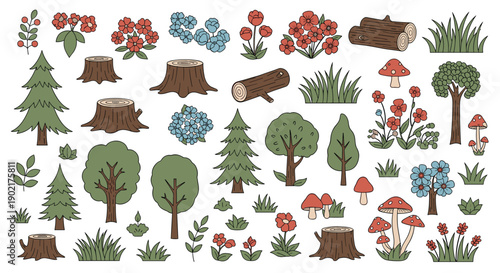 Comprehensive collection of forest flora including pine trees, stumps, logs, grass, colorful wild flowers, and red spotted mushrooms.