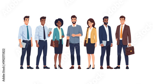 A diverse group of seven professionals, including men and women of various ethnicities, stand confidently in business attire, holding briefcases and tablets.