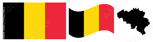Belgium Flag and Map Set. Official Black Yellow and Red Vertical Tricolor National Emblem Featuring Flat Design, Waving Flag Effect, and Country Geographic Map Silhouette Isolated on White Background