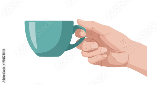 A hand holding a teal-colored teacup with a handle, isolated on a white background.