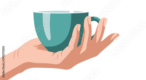 A hand holding a teal-colored teacup filled with a light-colored liquid.