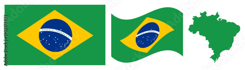 Brazil Flag and Map Set. Official Green and Yellow National Emblem with Blue Globe Featuring Flat Design, Waving Flag Effect, and Country Geographic Map Silhouette Isolated on White Background