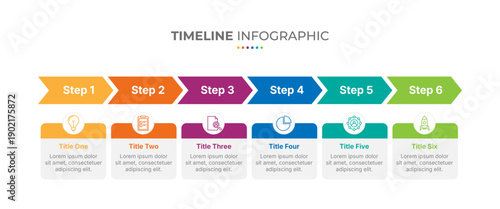 Timeline infographic presentation template with 6 steps or options. Six phase process infographic. Timeline with 6 arrow steps, six number options. Vector.