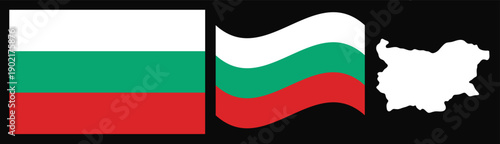 Bulgaria Flag and Map Set. Official White Green and Red Horizontal Tricolor National Emblem Featuring Flat Design, Waving Flag Effect, and Country Map Silhouette Isolated on Black Background
