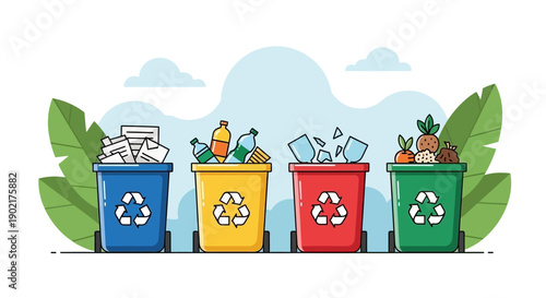 Four colorful recycling bins for different types of waste, including paper, plastic, glass, and organic materials, set against a backdrop of green leaves and a blue sky.