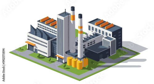 Isometric illustration of a modern industrial factory complex with tall chimneys and multiple buildings.