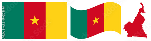 Cameroon Flag and Map Set. Official Green Red and Yellow Vertical Tricolor National Emblem with Gold Star Featuring Flat Design, Waving Flag Effect, and Country Map Silhouette Isolated