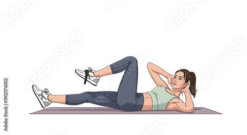 A woman in athletic wear performs a bicycle crunch exercise on a yoga mat, targeting her core muscles.