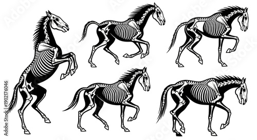 Illustration of horse skeletons in various dynamic poses, showcasing anatomical details.
