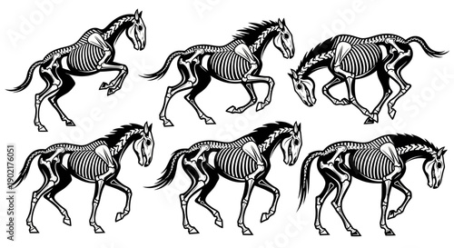 Detailed anatomical illustration of horse skeletons in various dynamic poses and gaits.