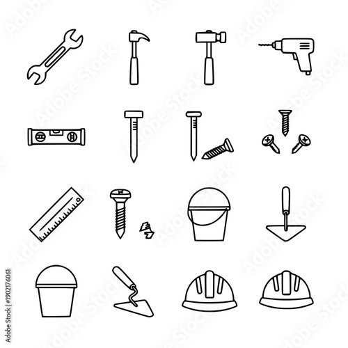 Minimal line repair and construction tool icon pack