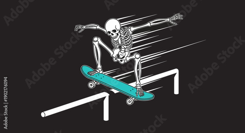 A dynamic illustration of a skeleton skateboarding, performing a grind trick over white rails with speed lines on a black background.
