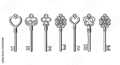 A collection of seven vintage ornate skeleton keys with various decorative designs, arranged in a row against a white background.