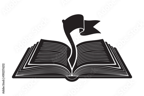 Open book with waving flag silhouette icon for achievement and goals minimalist vector illustration