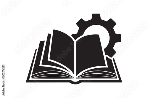 Book with gear silhouette icon for settings and manual minimalist vector illustration