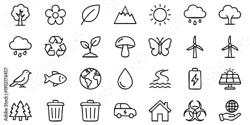 Collection of simple icons representing environmental concepts and eco-friendly themes in a minimalist style
