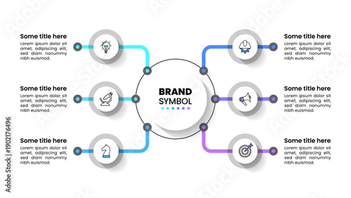 Infographic template. 6 connected circles with icons