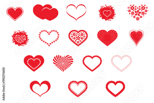 Romantic Red Heart Shapes Collection with Floral and Decorative Love Elements Vector