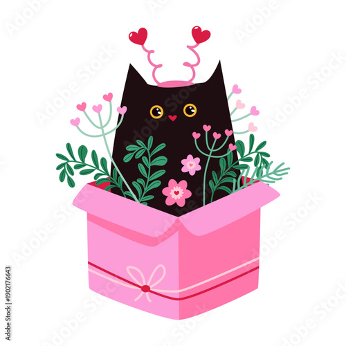 Black cat in a pink gift box with hearts, festive flowers, green leaves. Gift tied with a ribbon and bow. Illustration for Valentine's Day and birthday.