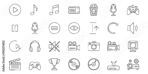 Collection of Simple Line Icons Representing Multimedia and Gaming Elements on a Clean Background