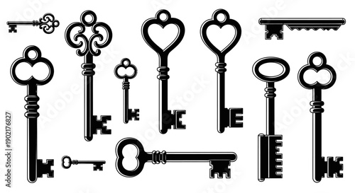 A collection of antique and ornate keys, showcasing intricate designs and historical craftsmanship.