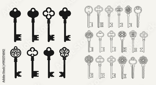 A collection of antique and ornate keys, presented in both silhouette and line drawing styles.