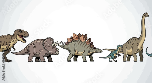 A lineup of various dinosaur species in a cartoon illustration against a white background.
