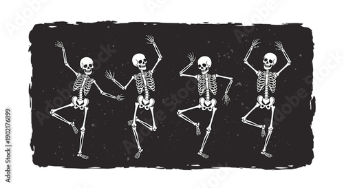 Four dancing skeletons on a dark, textured background, depicted in a whimsical, illustrative style.