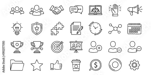A collection of simple icons representing business and productivity concepts in a grid layout, viewed from directly above, in a clean and minimalist style.
