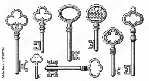 A collection of antique skeleton keys with intricate designs and ornate bows, rendered in a vintage engraving style.