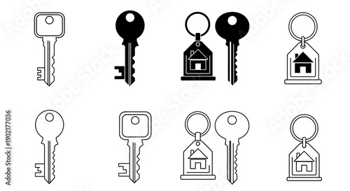 Collection of eight stylized icons representing keys and keychains with house motifs, presented in black and white.