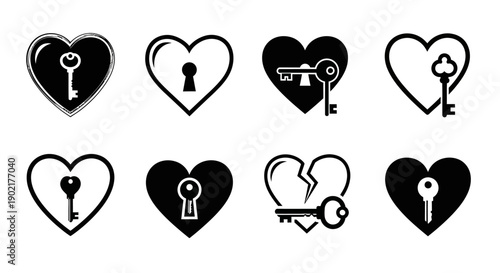 Collection of eight black and white heart-shaped icons, each featuring a keyhole or a key, symbolizing love, relationships, and secrets.