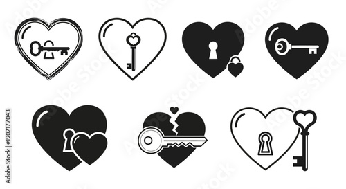 Collection of heart icons with keys and keyholes, symbolizing love, relationships, and secrets.