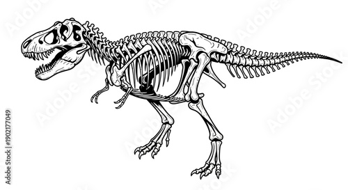 A detailed black and white illustration of the complete skeletal structure of a Tyrannosaurus Rex dinosaur.