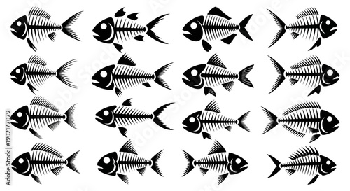 A collection of 16 stylized black and white illustrations of fish skeletons, arranged in four rows of four.