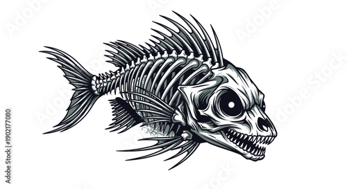 A detailed, illustrative depiction of a skeletal fish with sharp teeth and menacing eyes, rendered in a dark, gothic style.