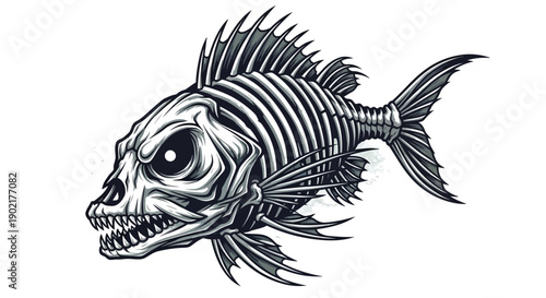 A detailed illustration of a skeletal fish with a skull-like head and sharp teeth, depicted in a menacing style.